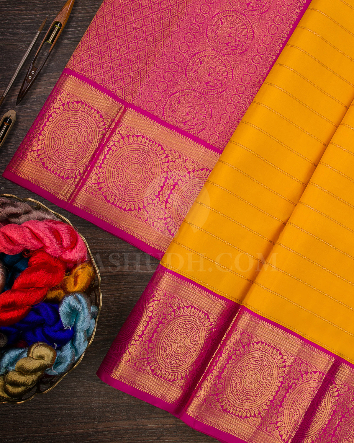 Bright Yellow And Rani Pink Traditional Kanjivaram Silk Saree - SVJ29