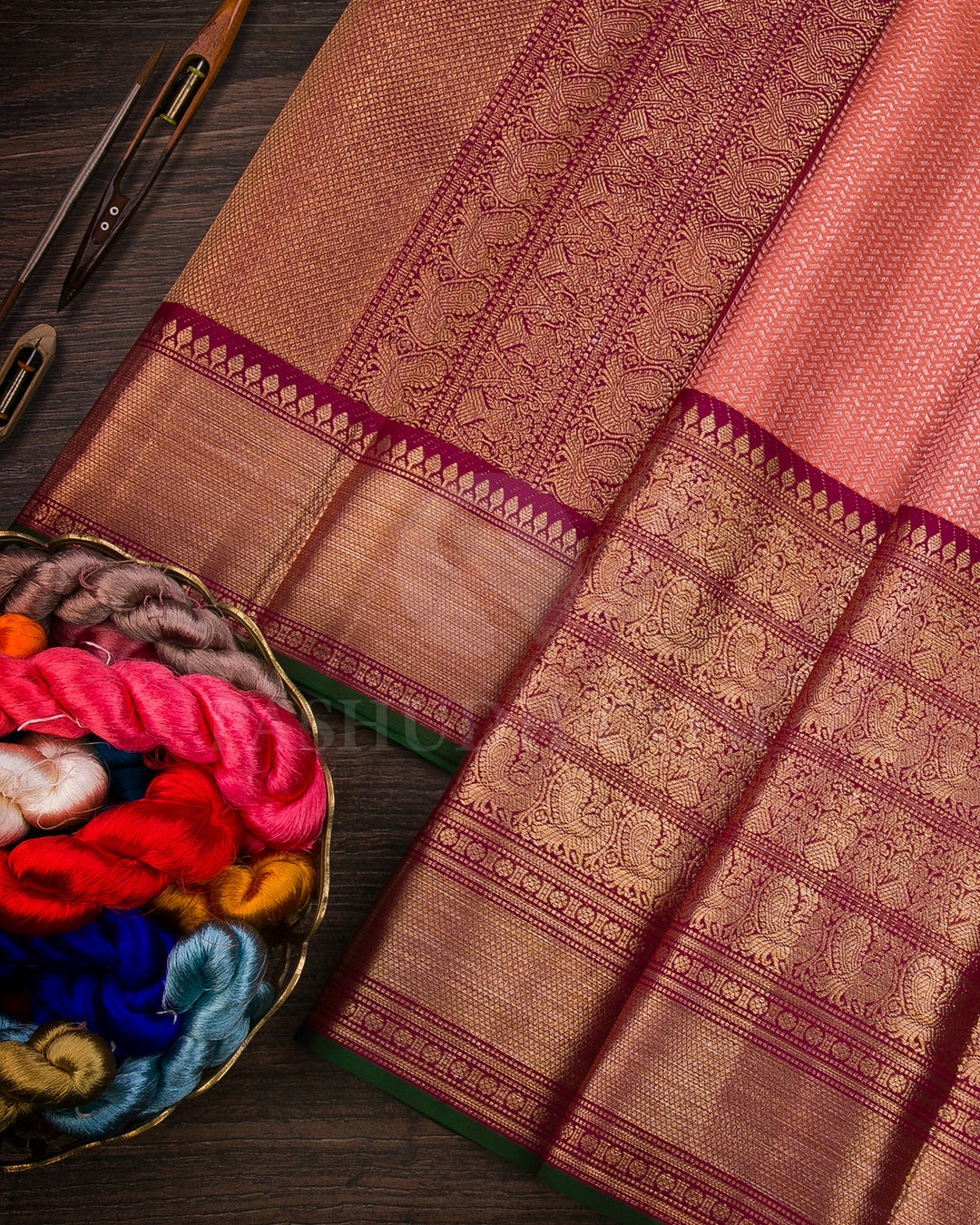 Peach And Maroon Kanjivaram Silk Saree - D569(B)