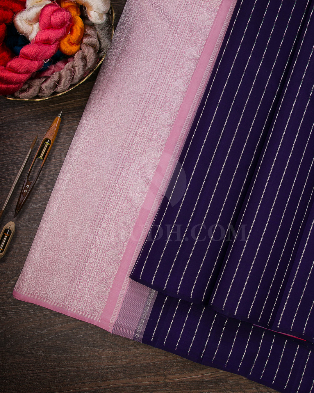 Navy Blue and Baby Pink Borderless Traditional Kanjivaram Silk Saree - SVJ30