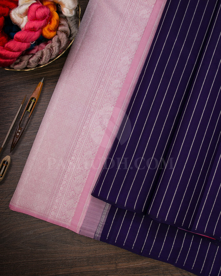 Navy Blue and Baby Pink Borderless Traditional Kanjivaram Silk Saree - SVJ30