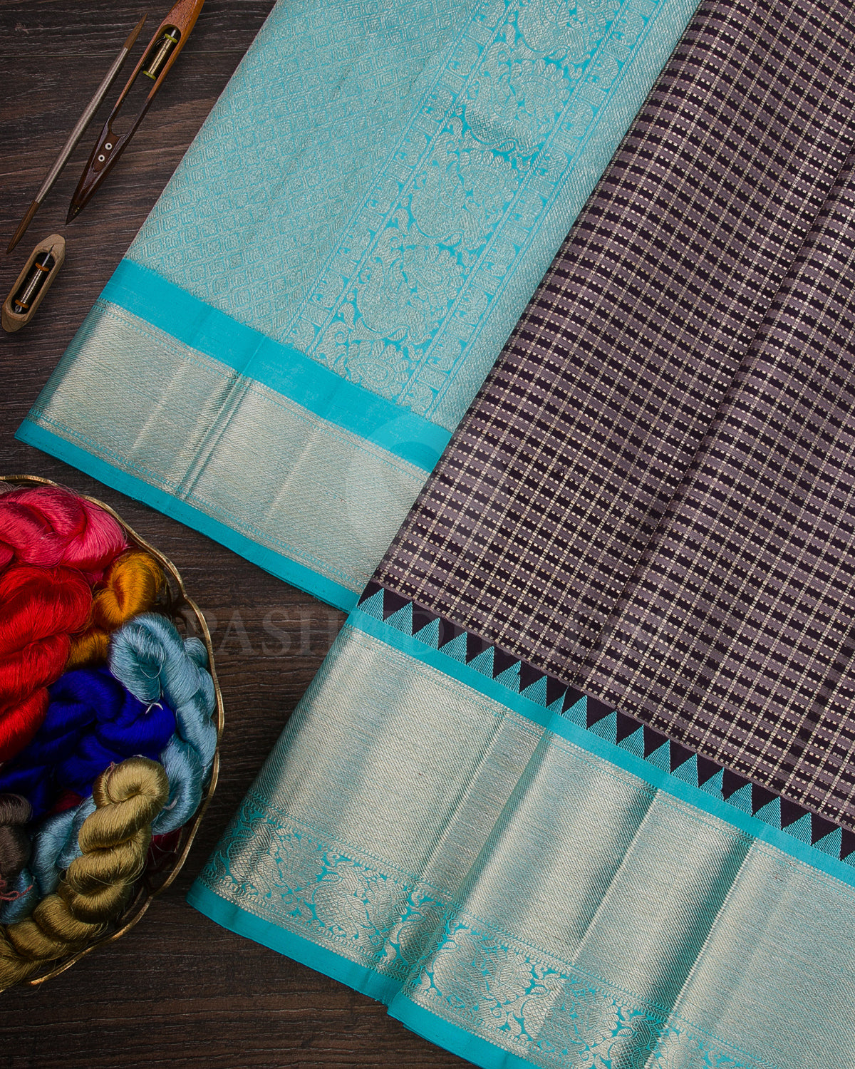 Aubergine And Sky Blue Traditional Kanjivaram Silk Saree - SVJ1