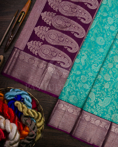 Turquoise Blue and Wine Kanjivaram Silk Saree - S1192(C)