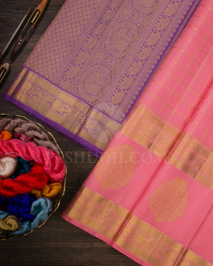 Peachy Pink And Lavender Traditional Kanjivaram Silk Saree - SVJ23