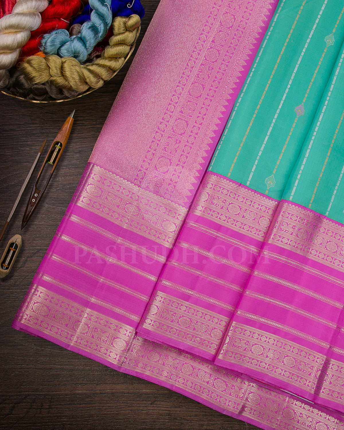 Sea Green And Rose Pink Traditional Kanjivaram Silk Saree - AK1