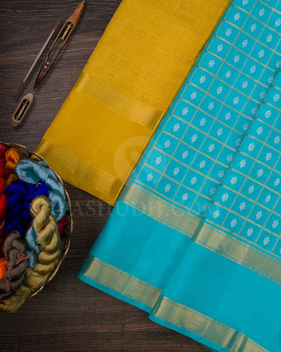 Turquoise Blue And Mustard Yellow Traditional Kanjivaram Silk Saree - SVJ6