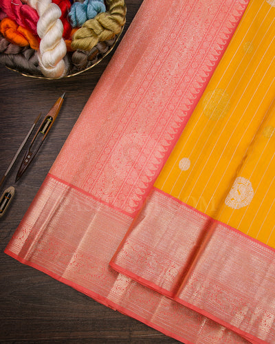 Turmeric Yellow And Peach Traditional Kanjivaram Silk Saree - AK2