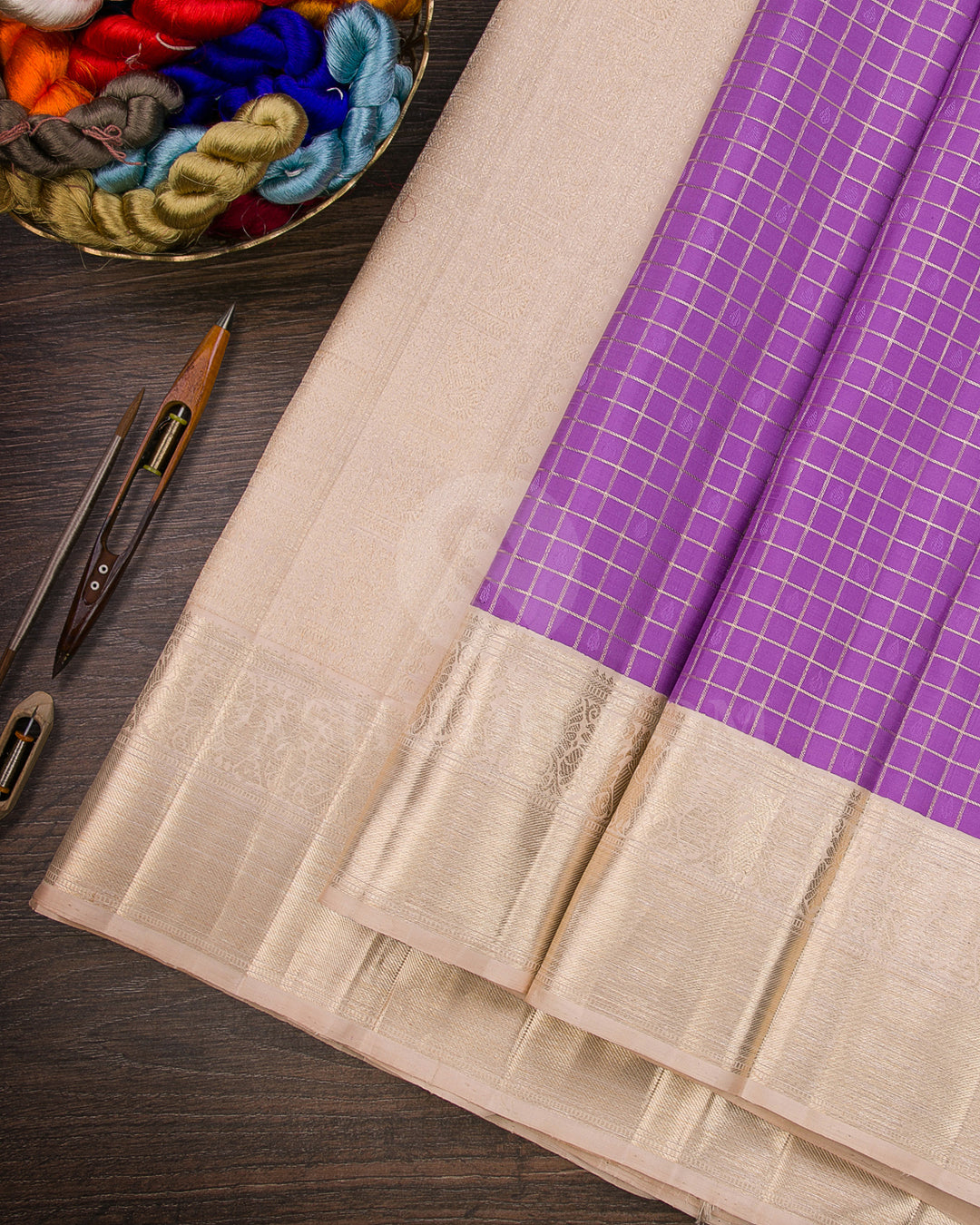 Lavender And Cream Traditional Kanjivaram Silk Sare - SVJ17