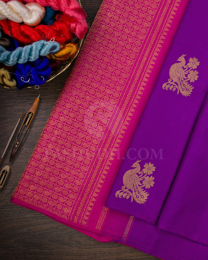 Pink and Blue Chequerd, Rani Pink Bordereless Traditional Kanjivaram Silk Saree - SVJ11
