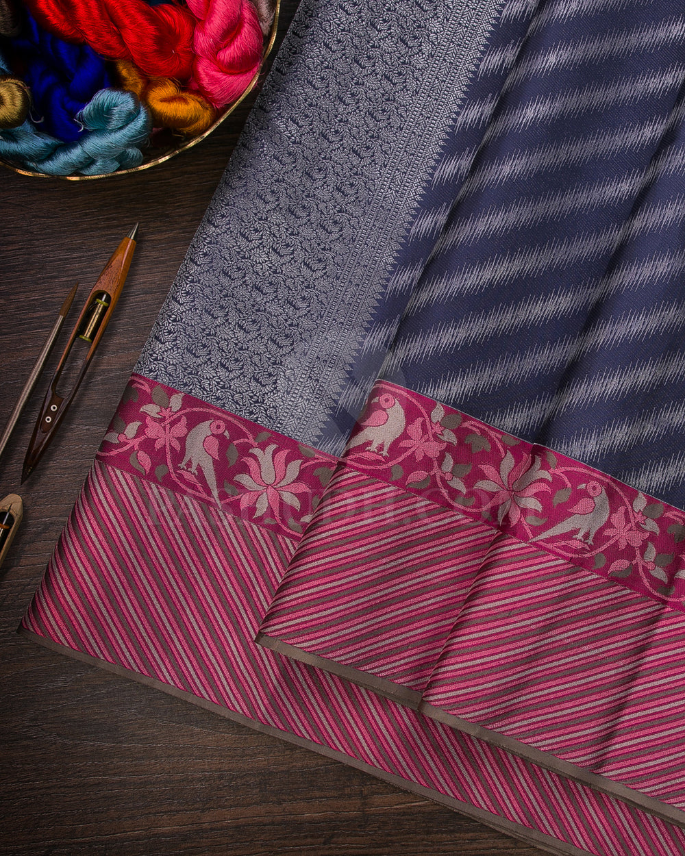Dark Grey And Raspberry Pink Kanjivaram Silk Saree - D560(B)