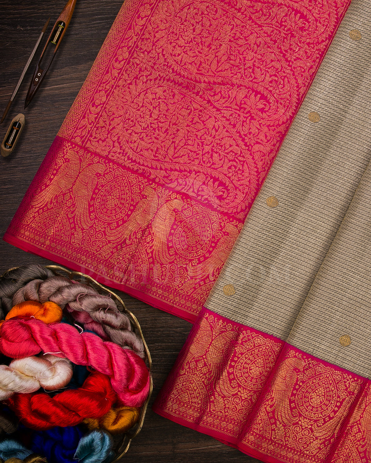 Beige And Bright Rani Pink Kanjivaram Silk Saree - S1207(A)