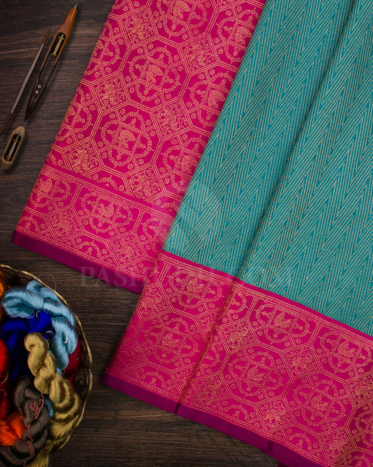 Turquoise Blue And Rani Pink Kanjivaram Silk Saree - S1266(A)