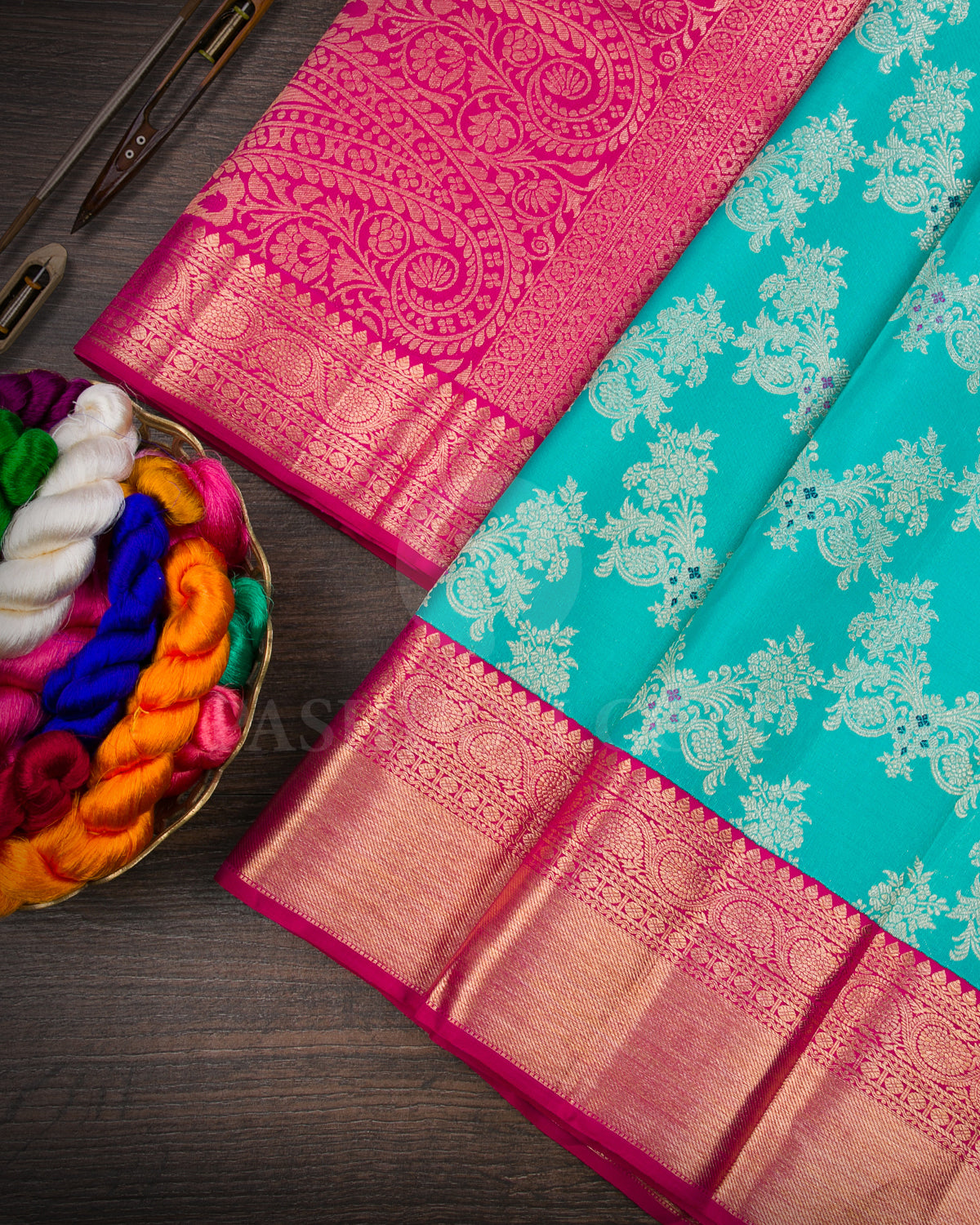 Turquoise Blue And Rani Pink Kanjivaram Silk Saree - S1093(B)