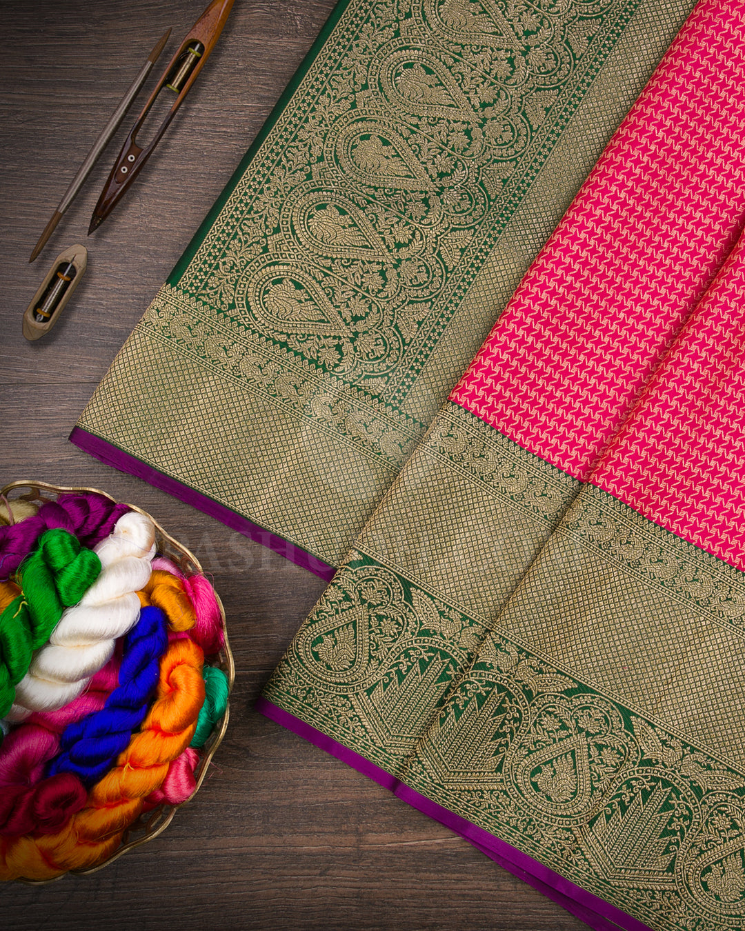 Bright Rani Pink And Forest Green Kanjivaram Silk Saree - S1259(B)
