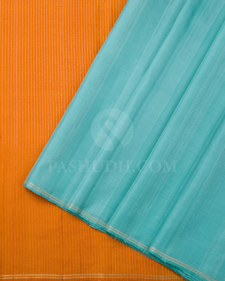 Turquoise Blue And Orange Soft Silk Saree - C44