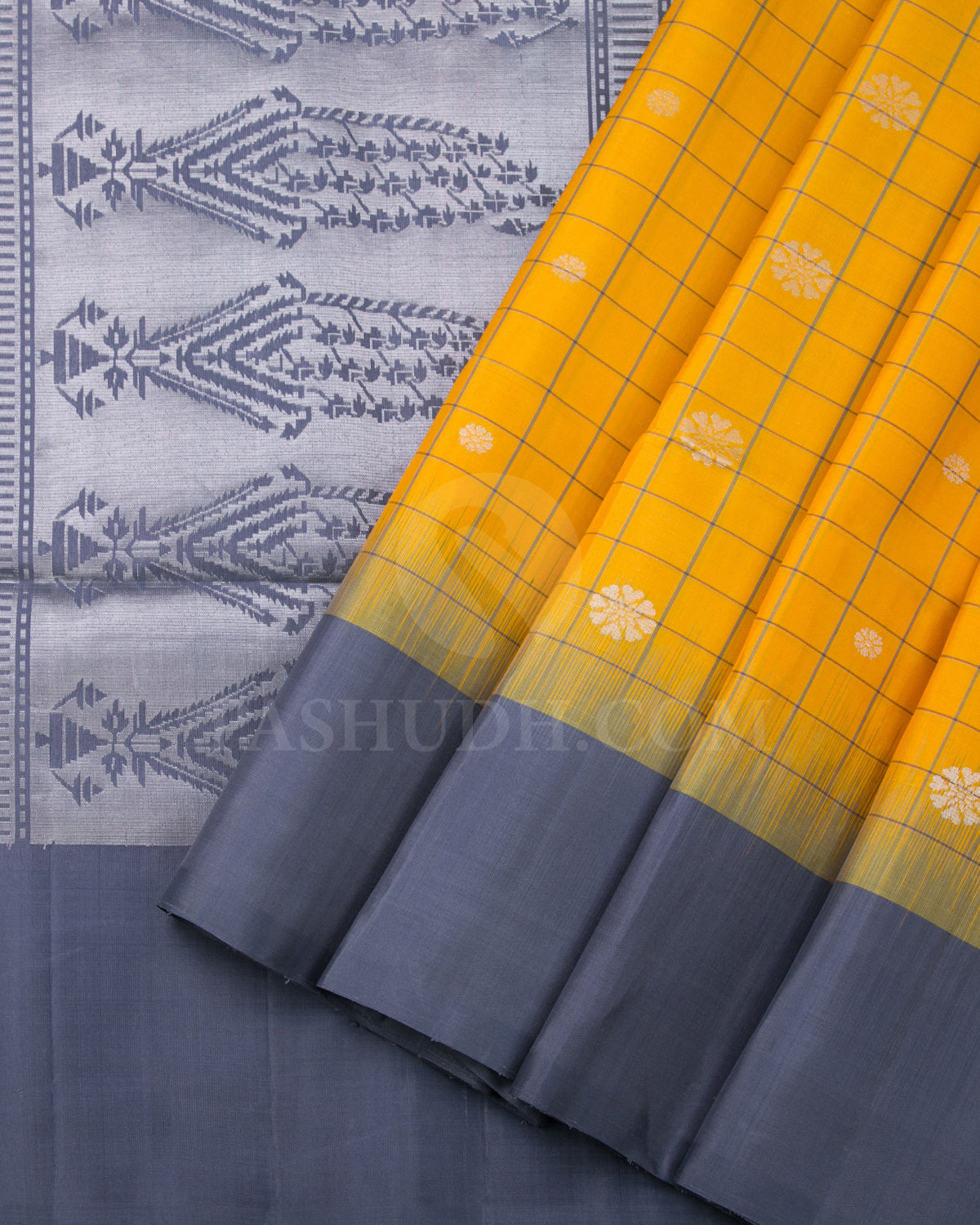 Yellow And Dark Grey Soft Silk Saree - C41