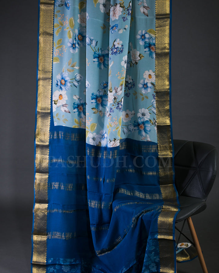 Sky Blue And Dark Blue Floral Printed Mysore Crepe Silk Saree - KP7