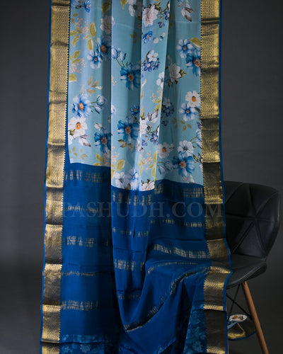 Sky Blue And Dark Blue Floral Printed Mysore Crepe Silk Saree - KP7