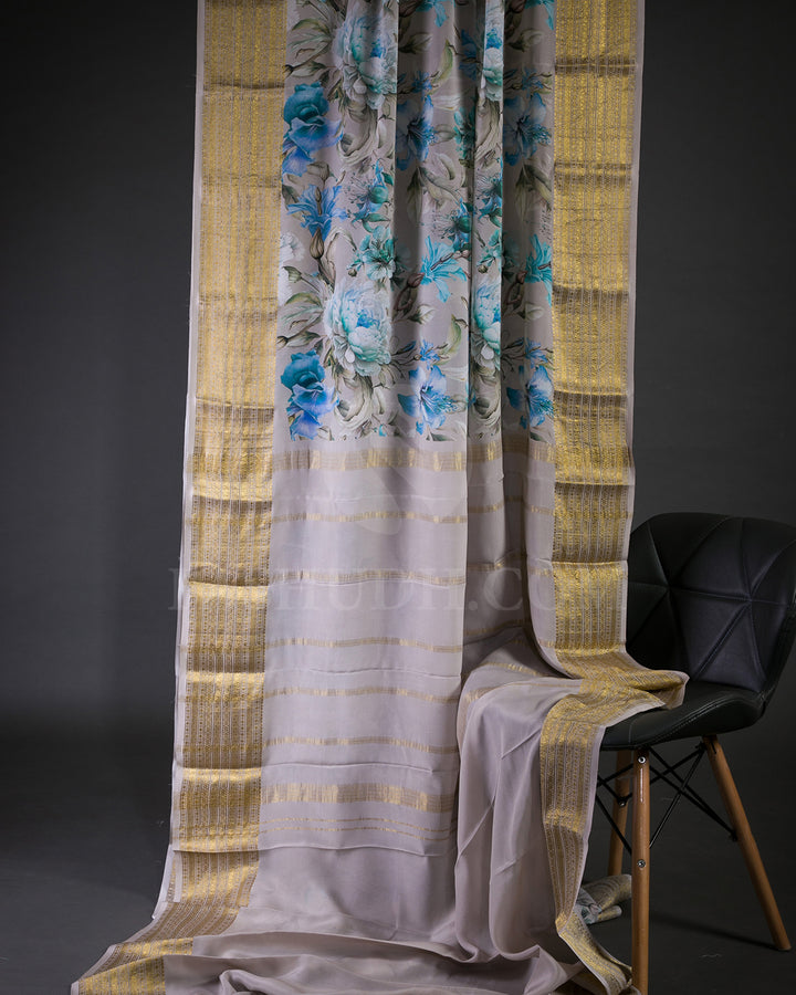 Light Grey Floral Printed Mysore Crepe Silk Saree - KP5