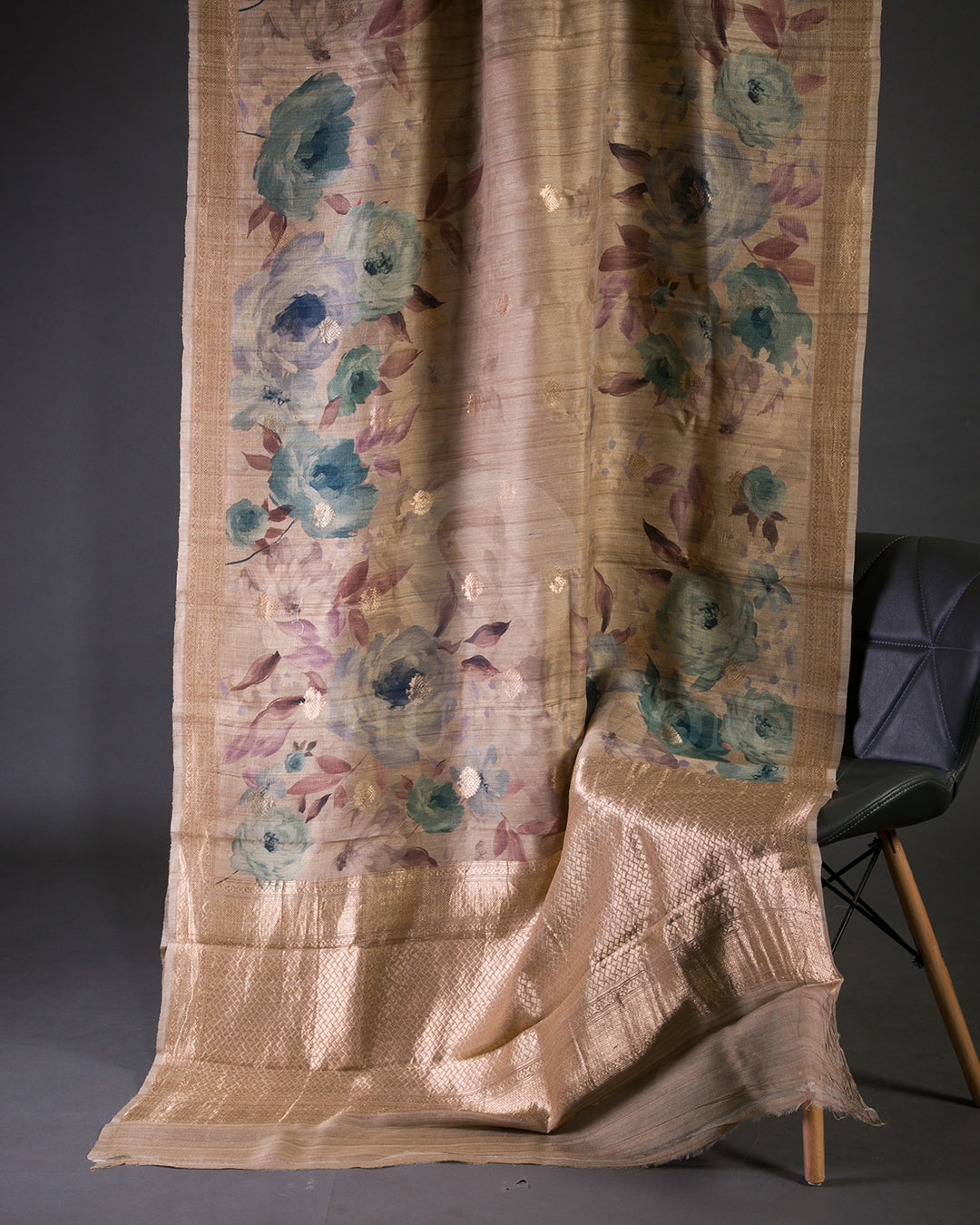 Brown Floral Printed Handloom Tussar Saree  - KP23