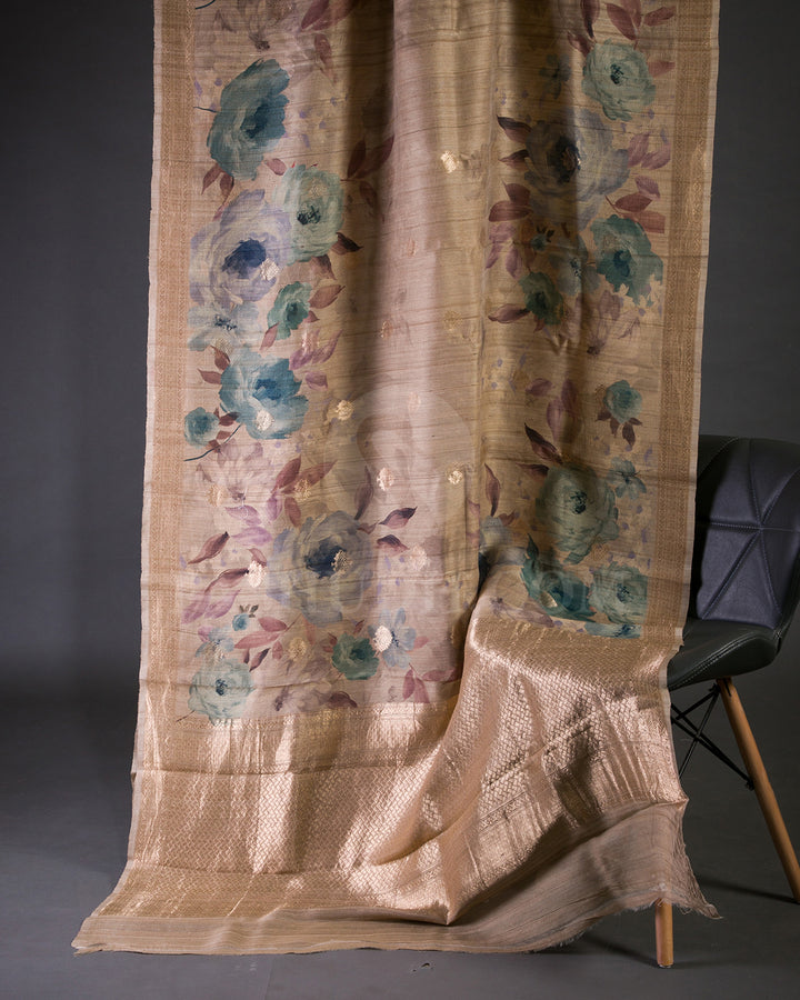 Brown Floral Printed Handloom Tussar Saree  - KP23