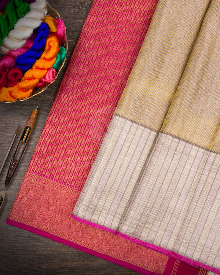 Gold, Pastels And Rani Pink Shimmer Organza Kanjivaram Silk Saree - S1291(A)