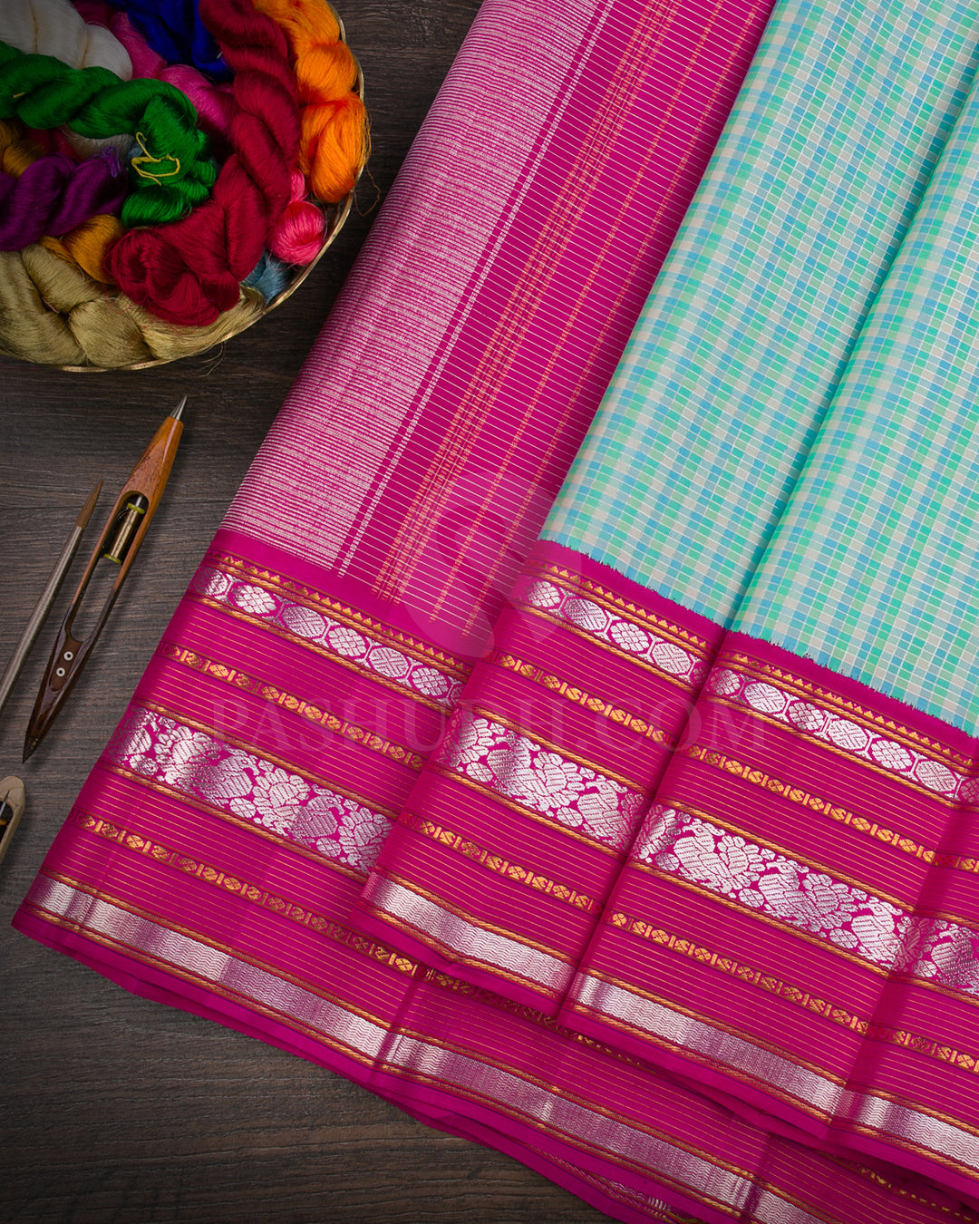 Green Blue Chequered And Rani Pink Traditional Kanjivaram Silk Saree - AK11
