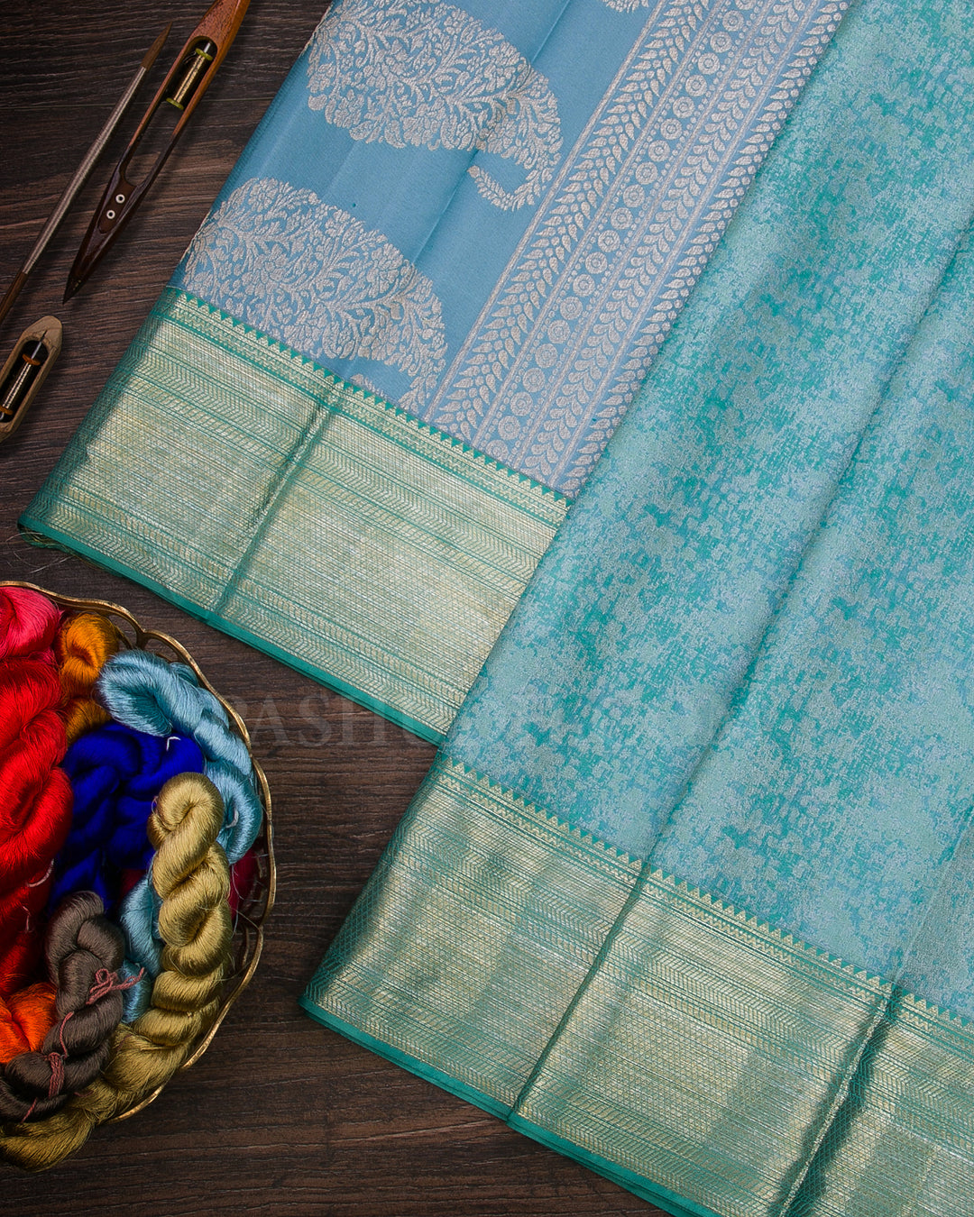 Mild Teal Blue And Grey Blue Kanjivaram Silk Saree - D547(D)