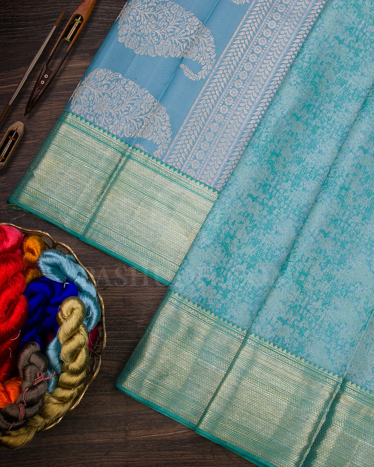 Mild Teal Blue And Grey Blue Kanjivaram Silk Saree - D547(D)