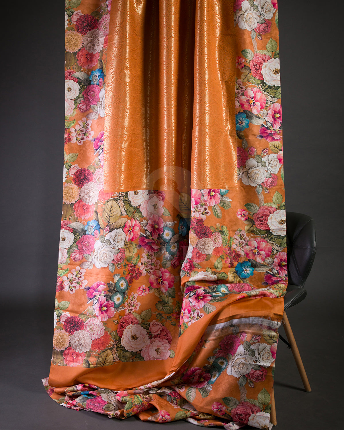 Orange Floral Print Kanjivaram Silk Saree - KP11