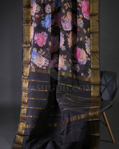 Black Floral Printed Mysore Crepe Silk Saree - KP6