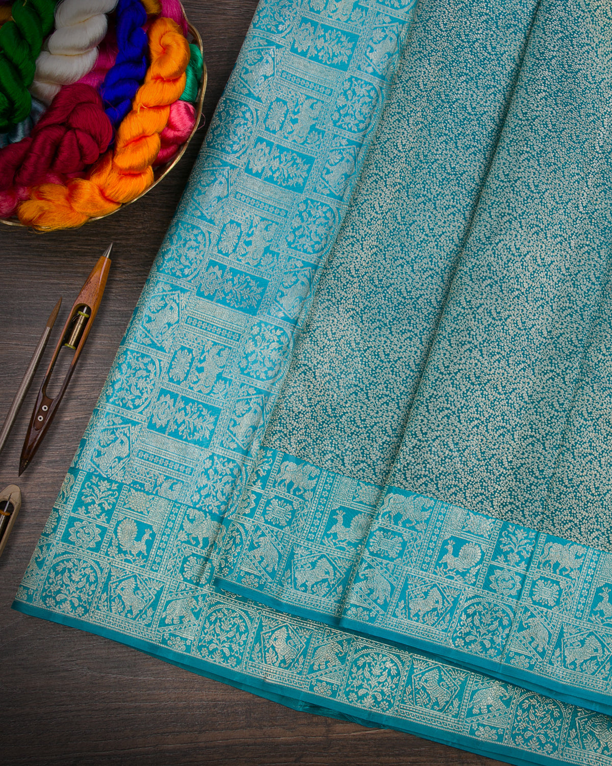 Teal Blue And Sky Blue Kanjivaram Silk Saree - D566(B)