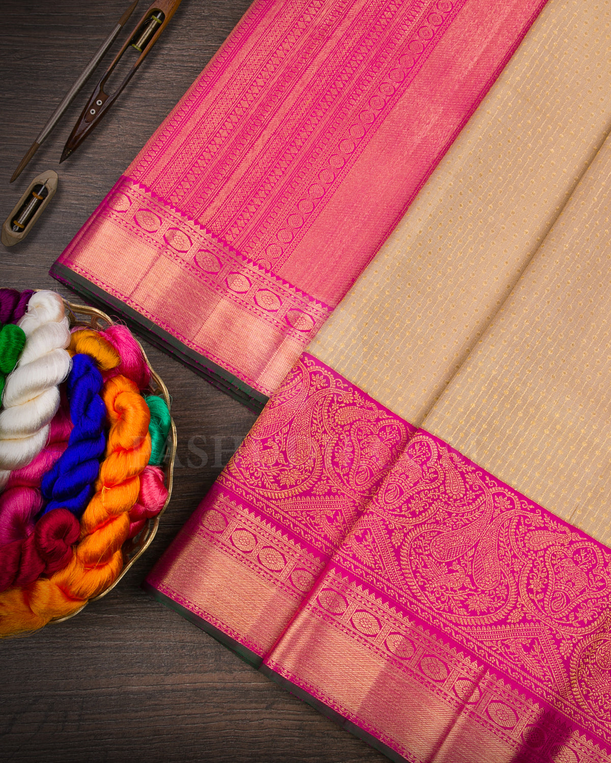 Beige And Rani Pink Kanjivaram Silk Saree - S1232(B)