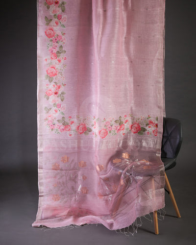 Pink Floral Printed Organza Linen Saree - KP20