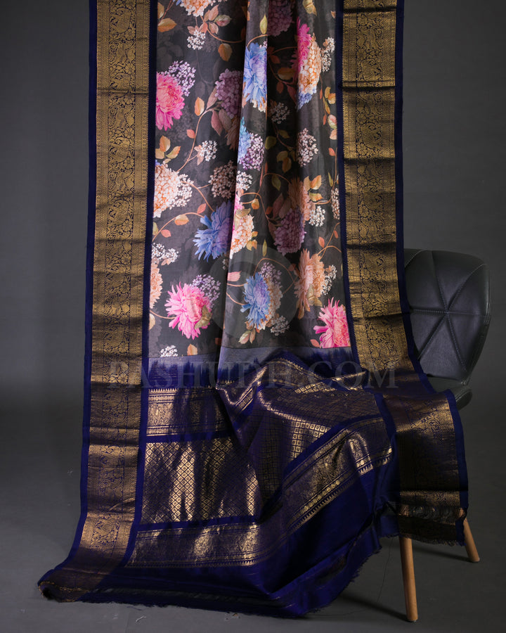 Grey And Dark Blue Handloom Printed Kanjivaram Silk Saree - KP1