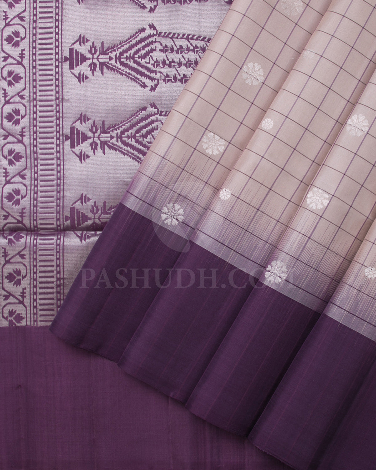 Cream And Aubergine Soft Silk Saree - C35