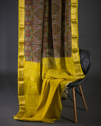 Multicolour And Yellow Printed Mysore Crepe Silk Saree - KP10