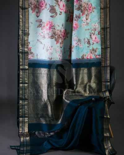 Sky Blue Floral Print Kanjivaram Silk Saree - KP14