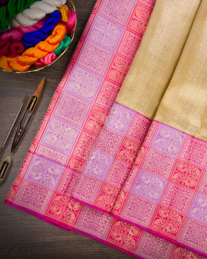 Gold And Muli-Pastel-Coloured Shimmer Tissue Kanjivaram Silk Saree - S1273(A)