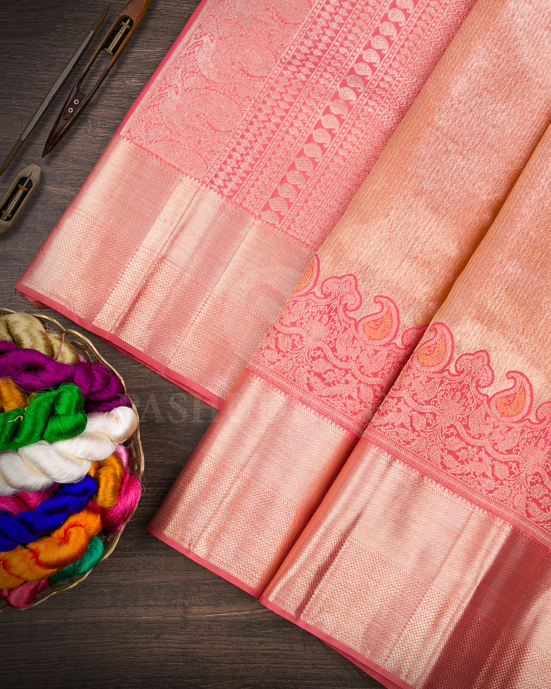 Gold And Pink Shimmer Organza Kanjivaram Silk Saree - S1286(A)