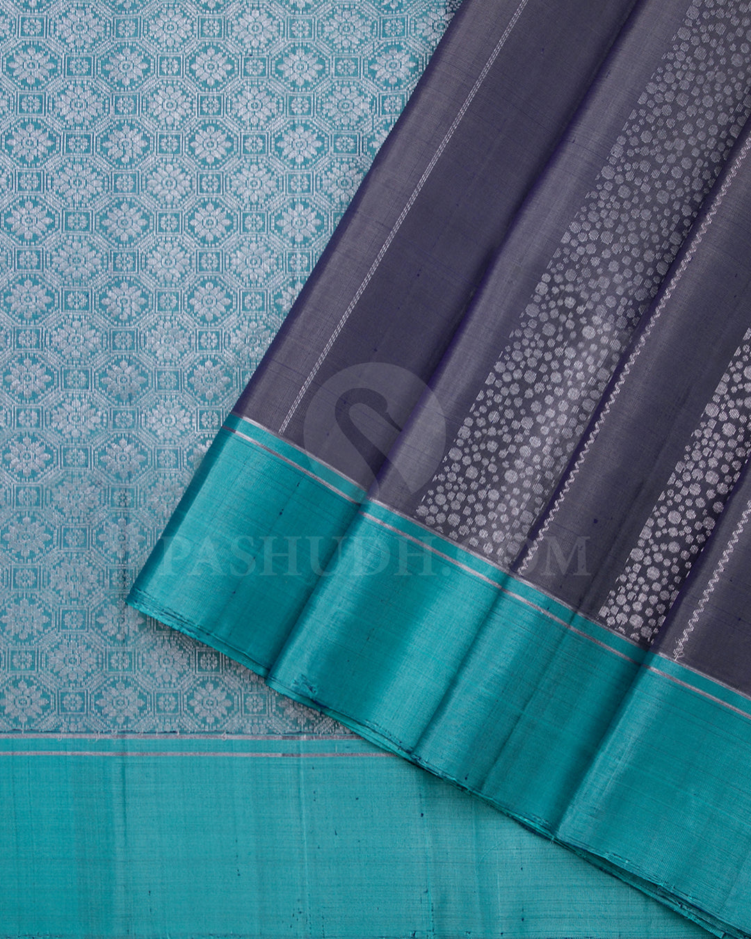Dark Grey And Sky Blue Soft Silk Saree - C89