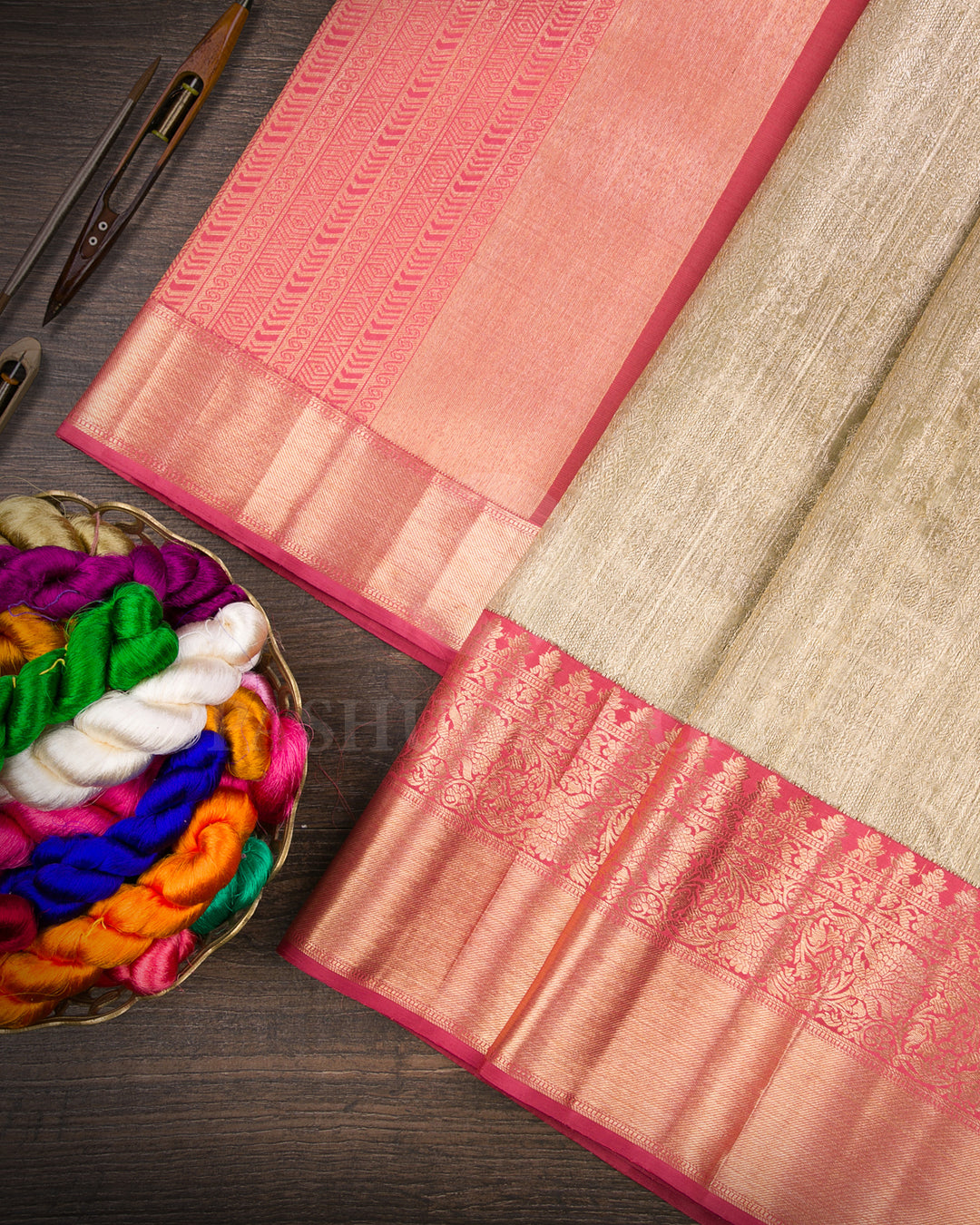 Gold Silver And Pink Organza Kanjivaram Silk Saree - S1294(A)