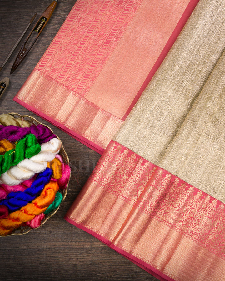 Gold Silver And Pink Organza Kanjivaram Silk Saree - S1294(A)