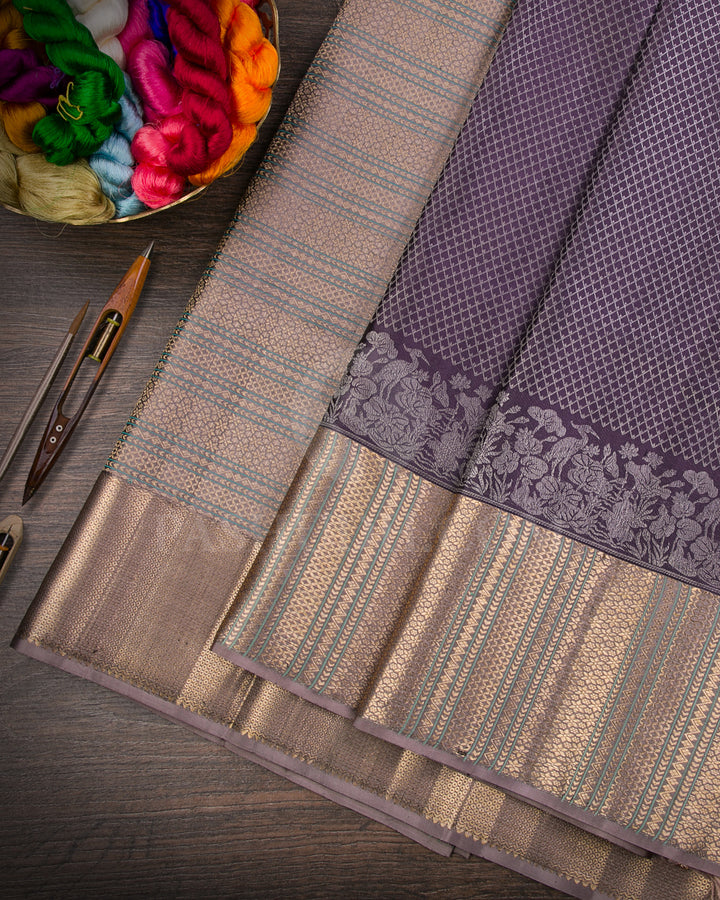 Deep Egg Plant And Greige Kanjivaram Silk Saree - D572(B)