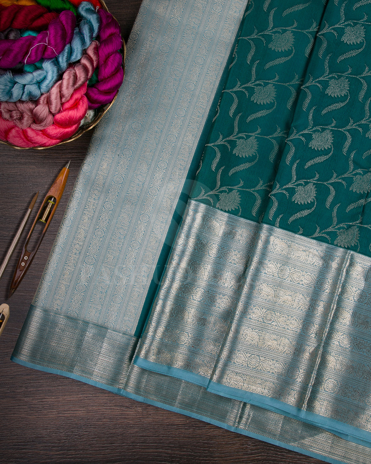 Pine Green and Powder Blue Kanjivaram Silk Saree - DT270(B)