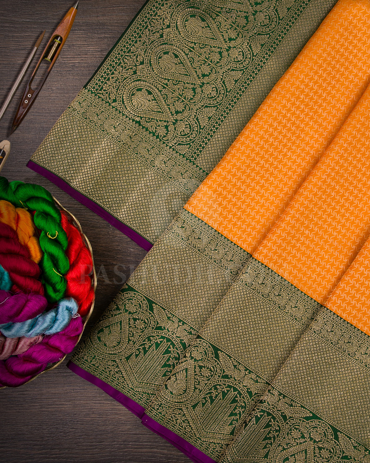 Orange And Forest Green Kanjivaram Silk Saree - S1259(C)