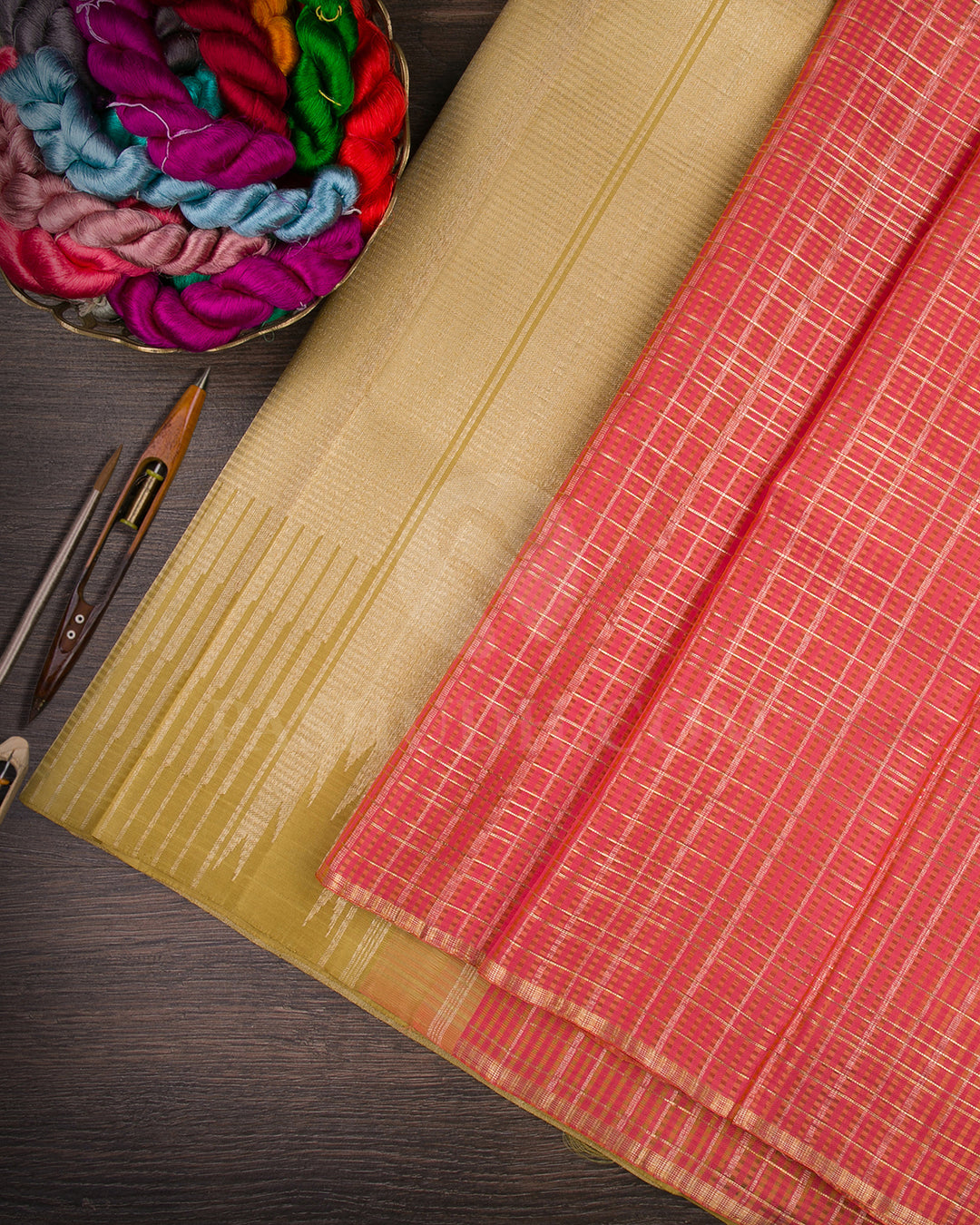 Peach Pink And Gold Beige Kanjivaram Silk Saree  - S1304(A)