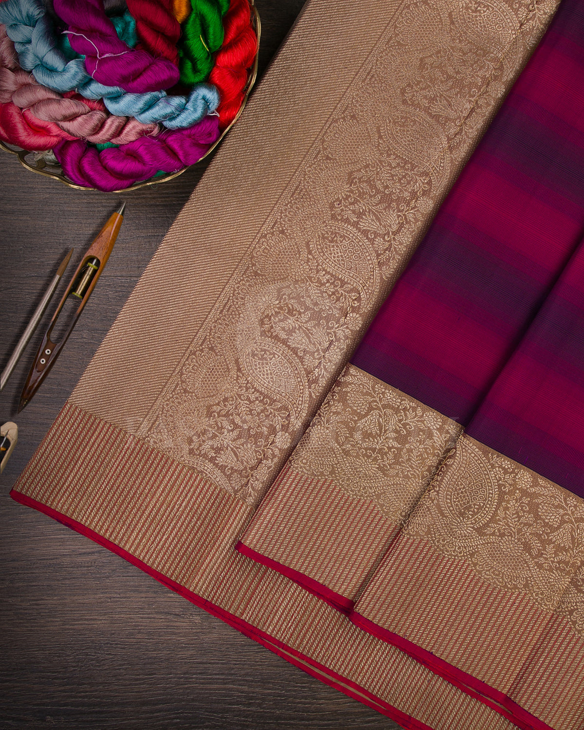 Red Blue Ombre And Khaki Kanjivaram Silk Saree - S1309(A)