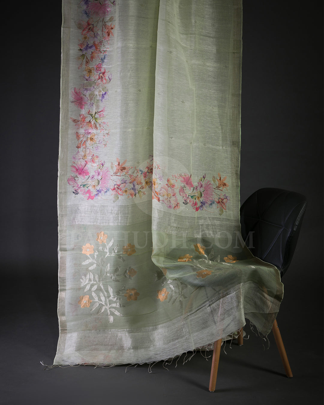 Mint Floral Printed Organza Linen Saree - KP22
