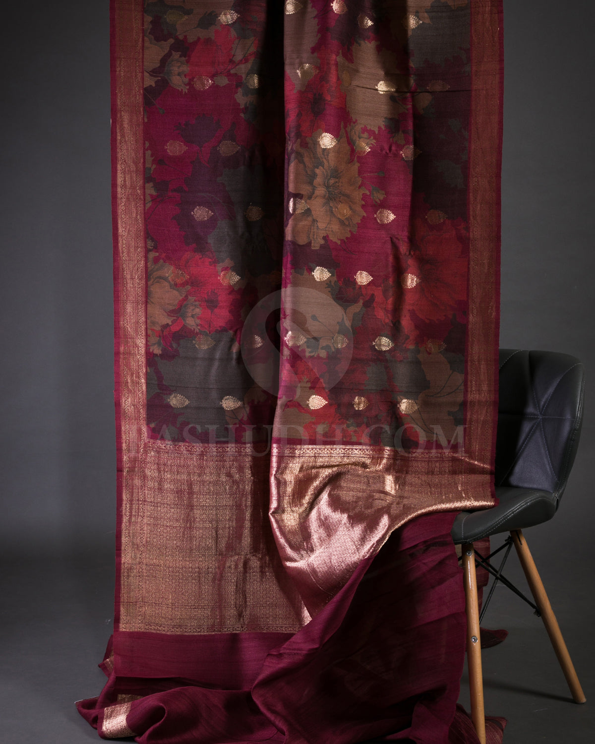 Maroon And Grey Handloom Printed Tussar Saree - KP24