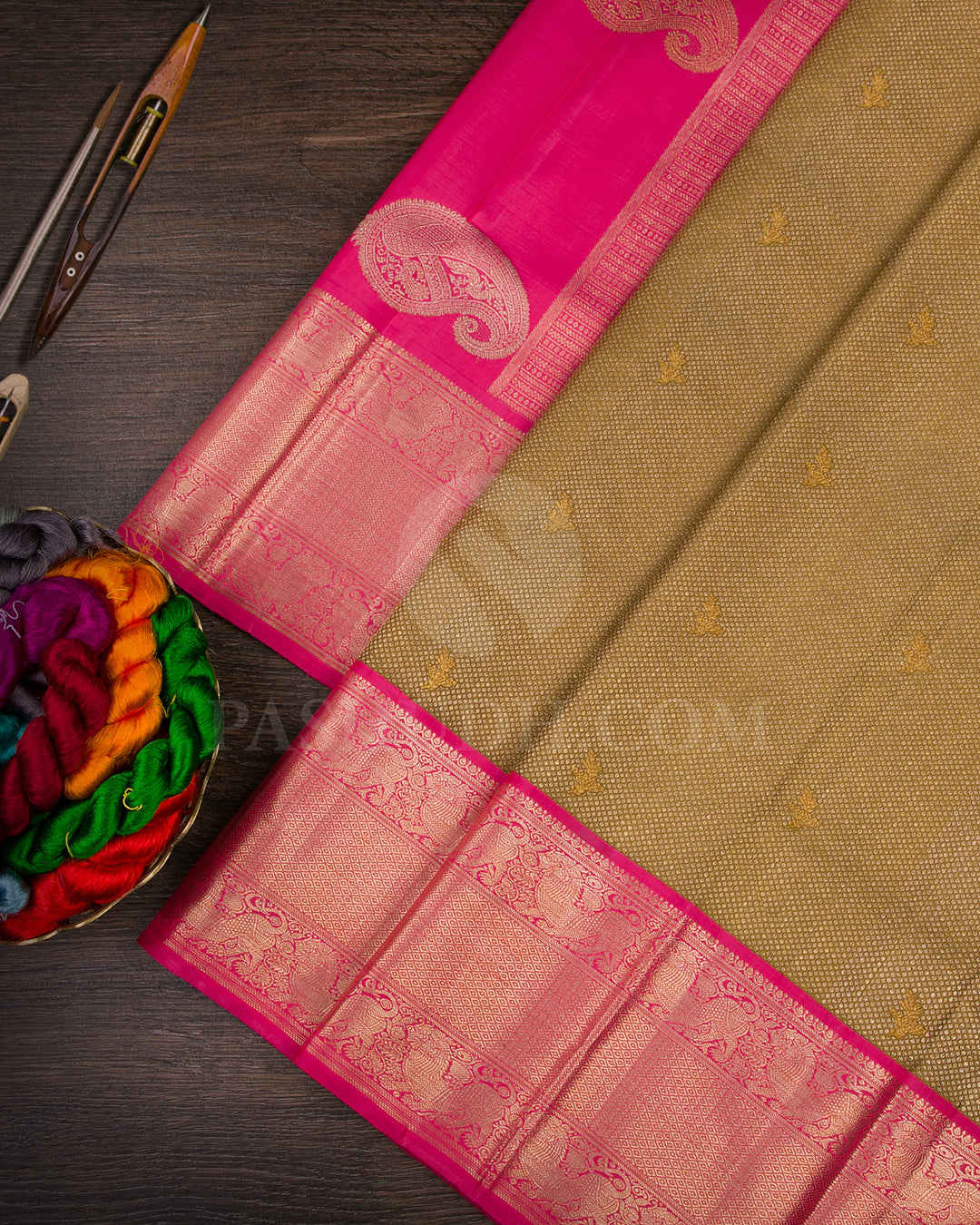 Golden Beige And Punch Pink Kanjivaram Silk Saree - S1315(A)